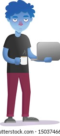 Tired guy with a laptop and a cup of coffee. The boy who didn't sleep last night.