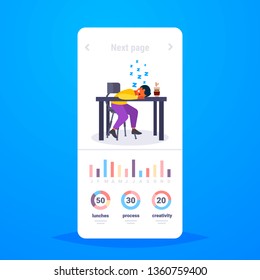 tired guy student sleeping at table lazy male office worker relaxing at workplace busy overworked manager having nap infographic data statistic african american character full length flat