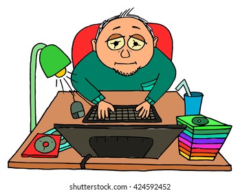 Tired hacker IT nerd behind table