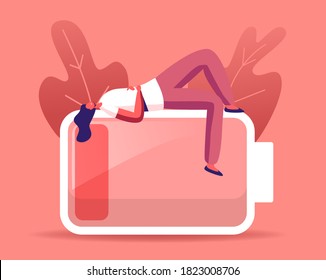 Tired or Haggard Businesswoman Character Lying on Huge Battery with Low Red Charging Level. Overload Employee Working from the Last Forces. Deadline Stress, Heavy Work. Cartoon Vector Illustration