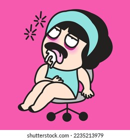 Tired Half Awake Young Worker Woman Sitting On Office Chair. Exhausted Girl Resting In Unnatural Pose, Falling Asleep On The Go Concept Card Character illustration