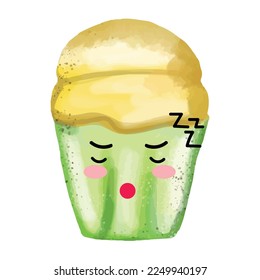 Tired Happy face cupcake emojis icons. Different emotions smiling faces, vector illustration. Sticker emoji cupcakes