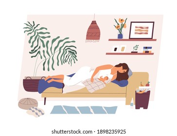 Madre cansada y feliz con un bebé recién nacido durmiendo juntos en una habitación moderna y acogedora. Madre e hijo acostados en la cama. Ilustración vectorial plana coloreada aislada en fondo blanco