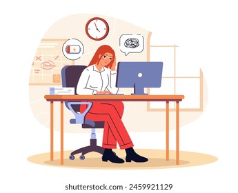 Cansada de la mujer trabajadora. Empleado con exceso de trabajo con agotamiento emocional. Chica joven con el desorden cerca del monitor de la computadora. Dormir en el trabajo. Ilustración vectorial plana de dibujos animados aislada sobre fondo blanco