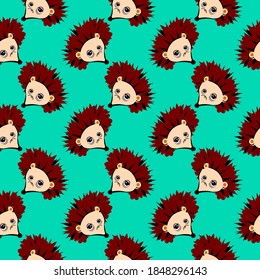 Tired hedgehog, seamless pattern on green background.