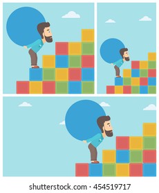 Tired hipster man rising up on the colored cubes and carrying a big stone on his back. Man with huge concrete ball. Vector flat design illustration. Square, horizontal, vertical layouts. Tired hipster man rising up on the colored cubes and carrying a big stone on his back. Man with huge concrete ball. Vector flat design illustration. Square, horizontal, vertical layouts.