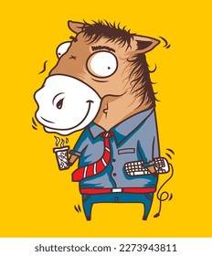 Tired Horse Office Employee with Mug of Coffee and Keyboard in Hand Funny Vector Illustration