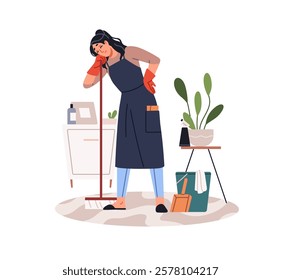 Tired housewife cleaning at home. Overworked woman is exhausted by housework, duties, leans on broom. Sad fatigue girl sweeps floor in room. Flat isolated vector illustration on white background