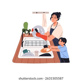 Tired housewife dishwashing, does housework. Exhausted woman and kid wash dishes together. Boy helps overworked mother with household, home duty. Flat isolated vector illustration on white background