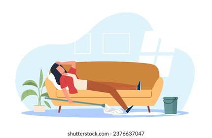 Tired housewife lies on couch, exhausted from cleaning house. Upset woman housekeeper tired of housework. Chores at home. Lazy woman relax. Cartoon flat style isolated vector concept