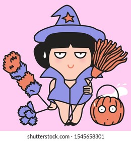 Tired Housewife In Witch Halloween Costumes Holding Bloom And Cleaning Utensils Concept Card Character illustration