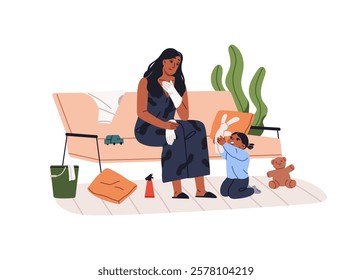 Tired from housework mother sits on sofa while her kid plays, scatters toys. Exhausted, overworked housewife cleaning, does household duty. Flat isolated vector illustration on white background