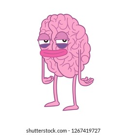 Tired human brain standing on two feet, with arms and a face