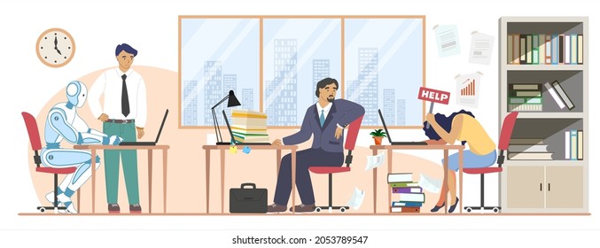 Tired human employee asking for help, robot machine working on computer tirelessly, flat vector illustration. Robots superiority, better quality and productivity. AI vs human intelligence.