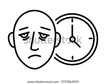 Tired human face icon, clock time symbol, mental fatigue