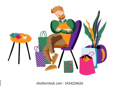 Tired husband in boutique flat vector illustration. Bearded man sleeping in chair cartoon character. Male shopper exhausted after purchasing clothes, gifts, presents. Shopping mall recreation area