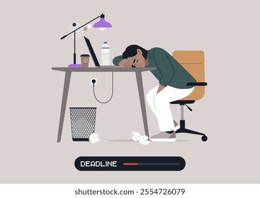 Tired individual rests their head on a cluttered desk, fatigued from long hours of work, with a deadline looming and reminders scattered around