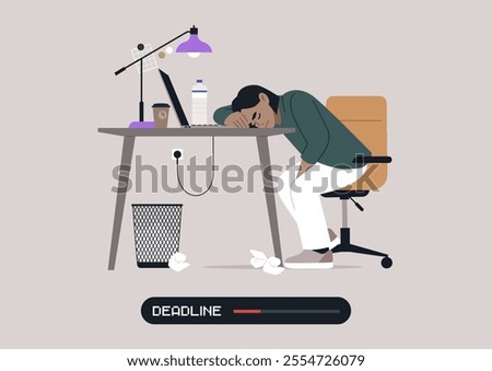 Tired individual rests their head on a cluttered desk, fatigued from long hours of work, with a deadline looming and reminders scattered around