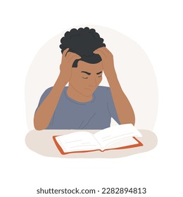 Tired isolated cartoon vector illustration. Tired teenage boy doing homework with books, guy asleep on copybook after long tasks, heavy study, adolescent education and fatigue vector cartoon.