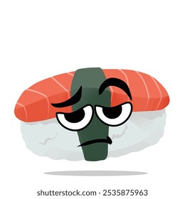 tired japanese sushi mascot character illustration. cute, playful, tasty, and delicious concept. traditional asian food, japan culinary, plating , and seafood themes 