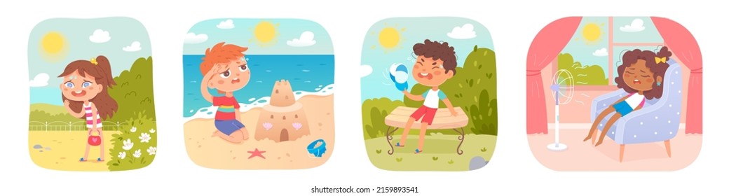 Tired Kids In Hot Weather Of Summer Season Set Vector Illustration. Cartoon Cute Boys And Girls With Sunstroke Symptoms At Home, On Beach Or Park. Prevention Of Heatstroke, Child Care, Health Concept