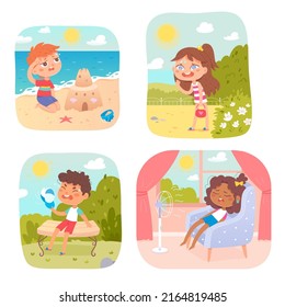 Tired kids in hot weather of summer season set vector illustration. Cartoon cute boys and girls with sunstroke symptoms at home, on beach or park. Prevention of heatstroke, child care, health concept