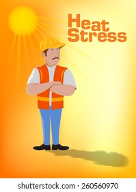 Tired Labor Standing Under The Sun. Heat Stress Awareness, Vector