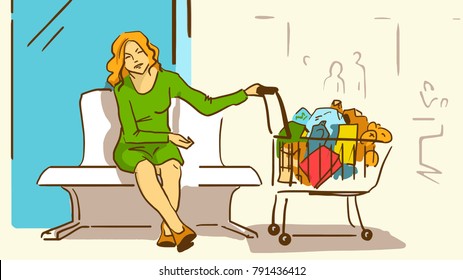 Tired Lady With A Purchases In A Supermarket Trolley Sitting On A Bench In The Shopping Mall. Cartoon Color Vector Sketch. 