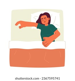 Tired latina woman sleeping semi flat color vector character. Lying on pillow. Cover with blanket. Editable full body person on white. Simple cartoon spot illustration for web graphic design