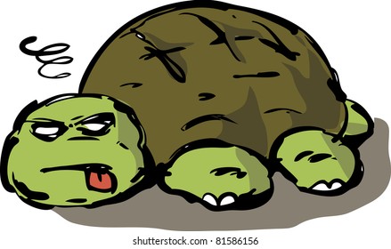 Tired, lazy, exhausted, old, unconscious turtle collapsed on ground, vector illustration