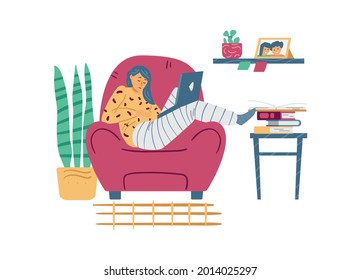 Tired lazy female character with laptop computer sleep in armchair. Young woman relax in comfortable chair at cozy home. Flat cartoon vector illustration isolated on white.