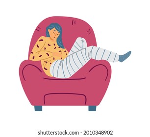 Tired lazy female character sleep in red armchair at home. Young woman relax sitting in comfortable chair. Flat cartoon vector illustration isolated on white.