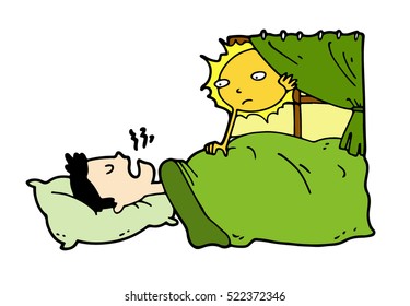 Tired lazy man sleep in the bed at early morning while sun trying to wake up him