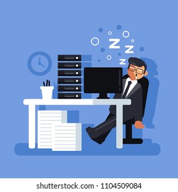 Tired lazy office worker businessman manager character sleeping at workplace. Hard work concept. Vector flat cartoon graphic design isolated illustration