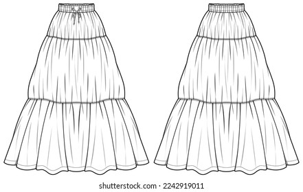 Tired A line Maxi Skirt design flat sketch vector illustration, Women's long Full length gypsy tire skirt for casual wear fashion technical drawing vector template mock up