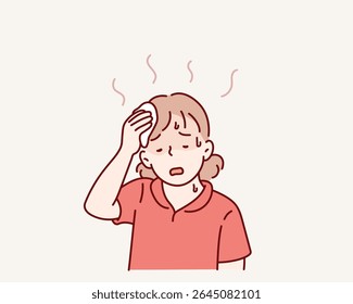 Tired Little Girl Wiping Sweat from Forehead on Hot Summer Day. Hand drawn style vector design illustrations.