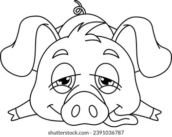 Tired Little Pig with Tongue Sticking Out for Coloring. Vector Illustration of Funny Cartoon Character for Children