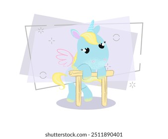 Tired little unicorn leaning on race barrier. Fairytale concept. Vector illustration can be used for topics like myth, fantasy, competition