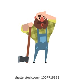 Tired lumberjack leaning on axe and rubbing his forehead with his hand. Cartoon bald man character in green checkered shirt and blue coveralls. Flat vector design