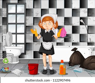 A Tired Maid Cleaning Bathroom illustration
