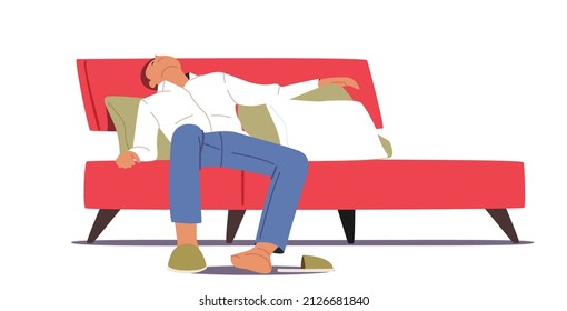 Tired Male Character Sleep Like a Log Lying on Bed in Room Isolated on White Background. Tiredness, Depression Concept with Sleeping Man in Formal Wear in Bedroom. Cartoon People Vector Illustration