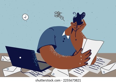 Tired male employee overwhelmed with office paperwork. Exhausted worker struggle with workload at workplace. Burnout and fatigue. Vector illustration. 