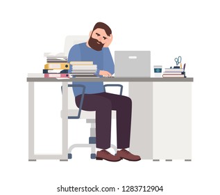 Tired male manager working on computer. Sad or exhausted bearded man at office. Stressful work, stress at workplace. Busy employee, workaholic. Colorful vector illustration in flat cartoon style.