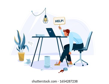 Tired Male Office Worker Sitting On The Chair And Request Help. Burnout Concept Vector Background. Business Flat Cartoon Illustration Isolated On White Backdrop.