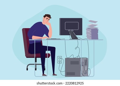 Tired male office worker stays late on workplace. Overload paperwork. Stressful Work, Unhappy man working in an office at a computer. Flat vector illustration.