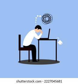 Tired male sitting and the glass fell down. Frustrated worker mental health problems. Vector long work day illustration