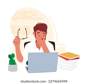 Personaje de profesor Cansado sentado en la mesa de trabajo en laptop con señales de agotamiento en su cara de notas graduales o de preparación de planes de lección. Equilibrio trabajo-vida. Ilustración de vectores de personas de caricatura