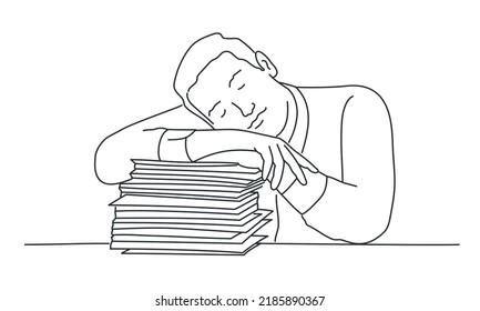 Tired male worker sitting at his working place with work paper and documents. Hand drawn vector illustration. Black and white.