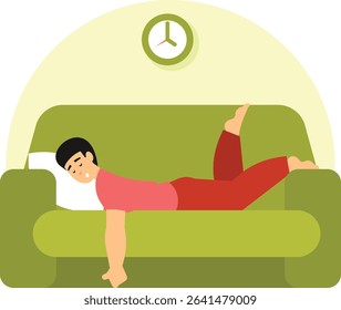 Tired Man Asleep on Sofa with Clock in Background – Concept of Exhaustion, Laziness or Procrastination