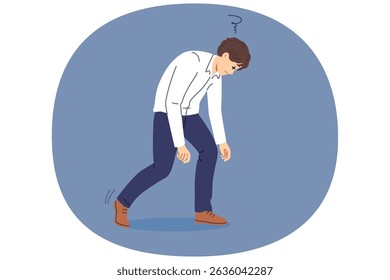 Tired man bends over and closes eyes due to exhaustion caused by overwork and overload. Business guy feels drowsy and exhaustion after completing difficult job on behalf of manager.